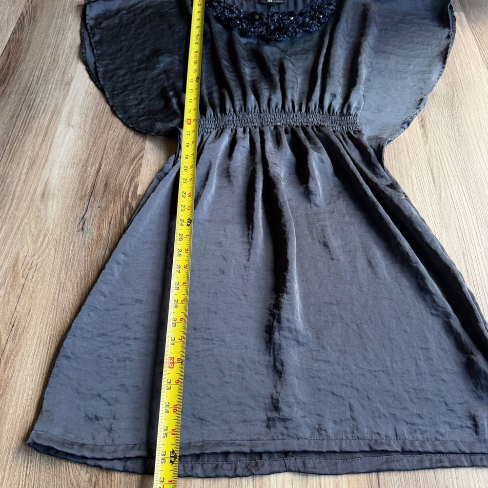 Y2K AB Studio Satin Charcoal Gray Floral Neckline Dolman Sleeve Dress 6 - Picture 6 of 6